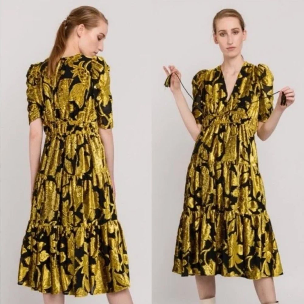 Ulla Johnson Elegant Black and Gold Floral Dress - Size Medium